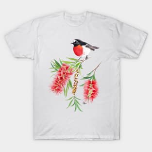 Scarlet Robin on Bottlebrush Flower T-Shirt